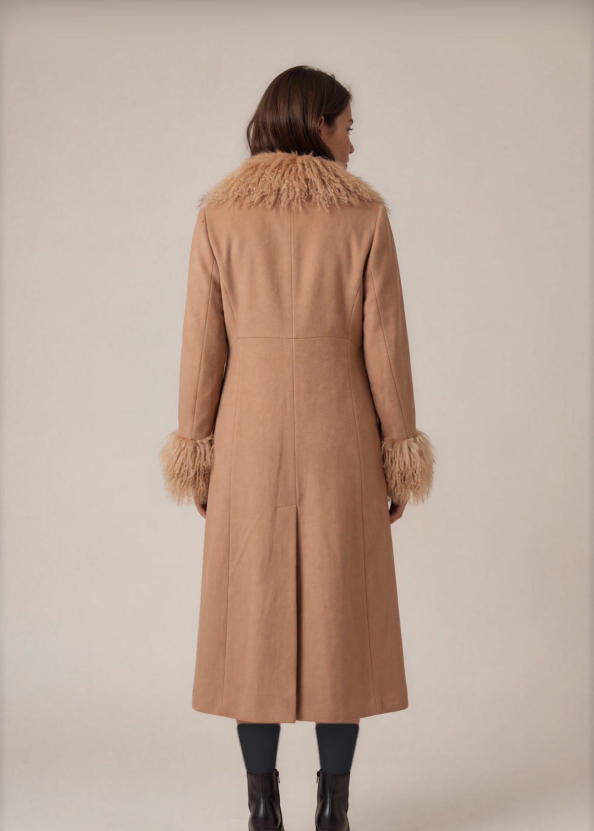 Camel Wool Fur Trim Long Coat back