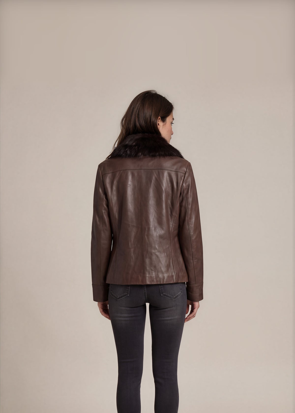 Brown Leather Fox Collar Jacket back