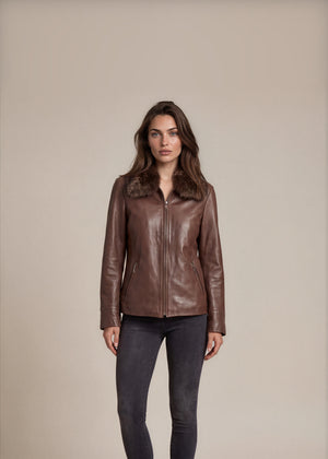 Brown Leather Fox Collar Jacket