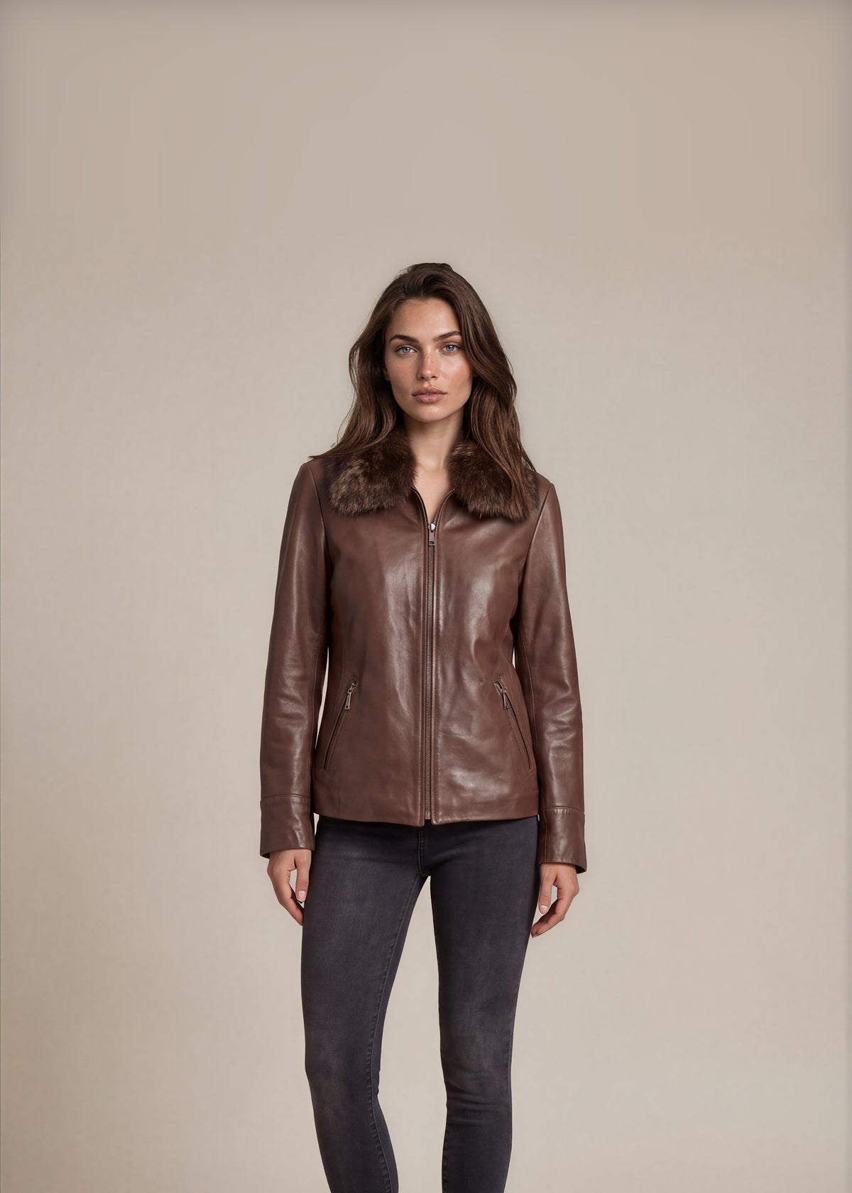 Brown Leather Fox Collar Jacket front