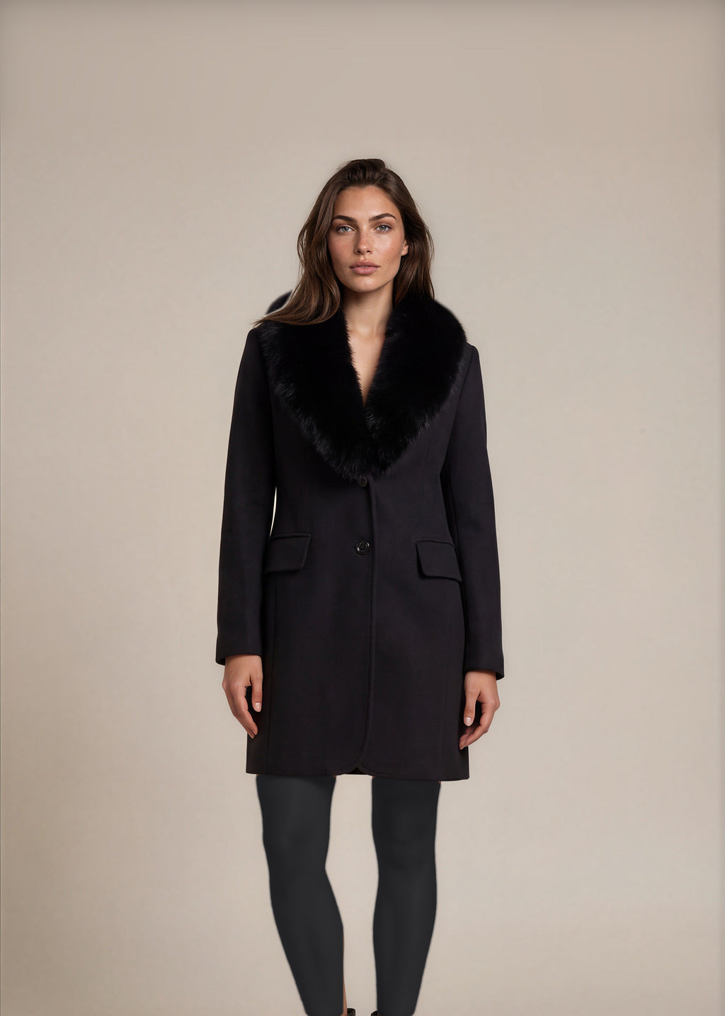 Black Wool Fox Collar Coat front
