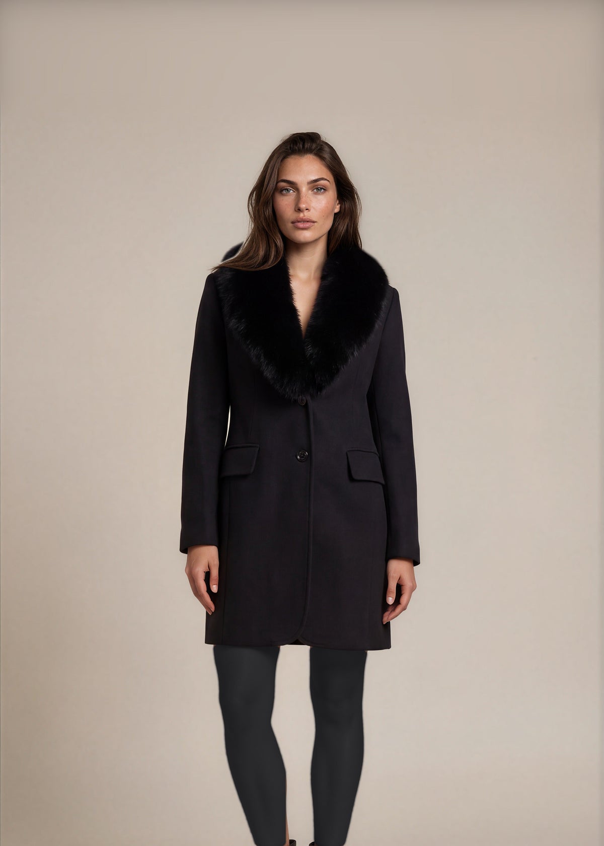 Black Wool Fox Collar Coat front