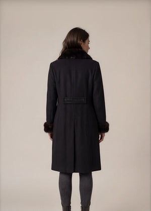 Black Wool Fur Trim Beaded Coat