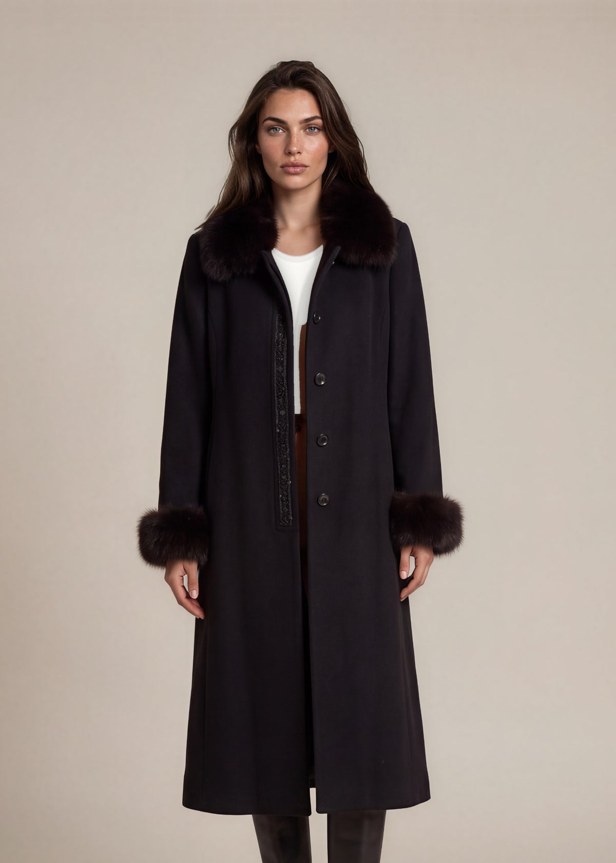 Black Wool Fur Trim Beaded Coat front