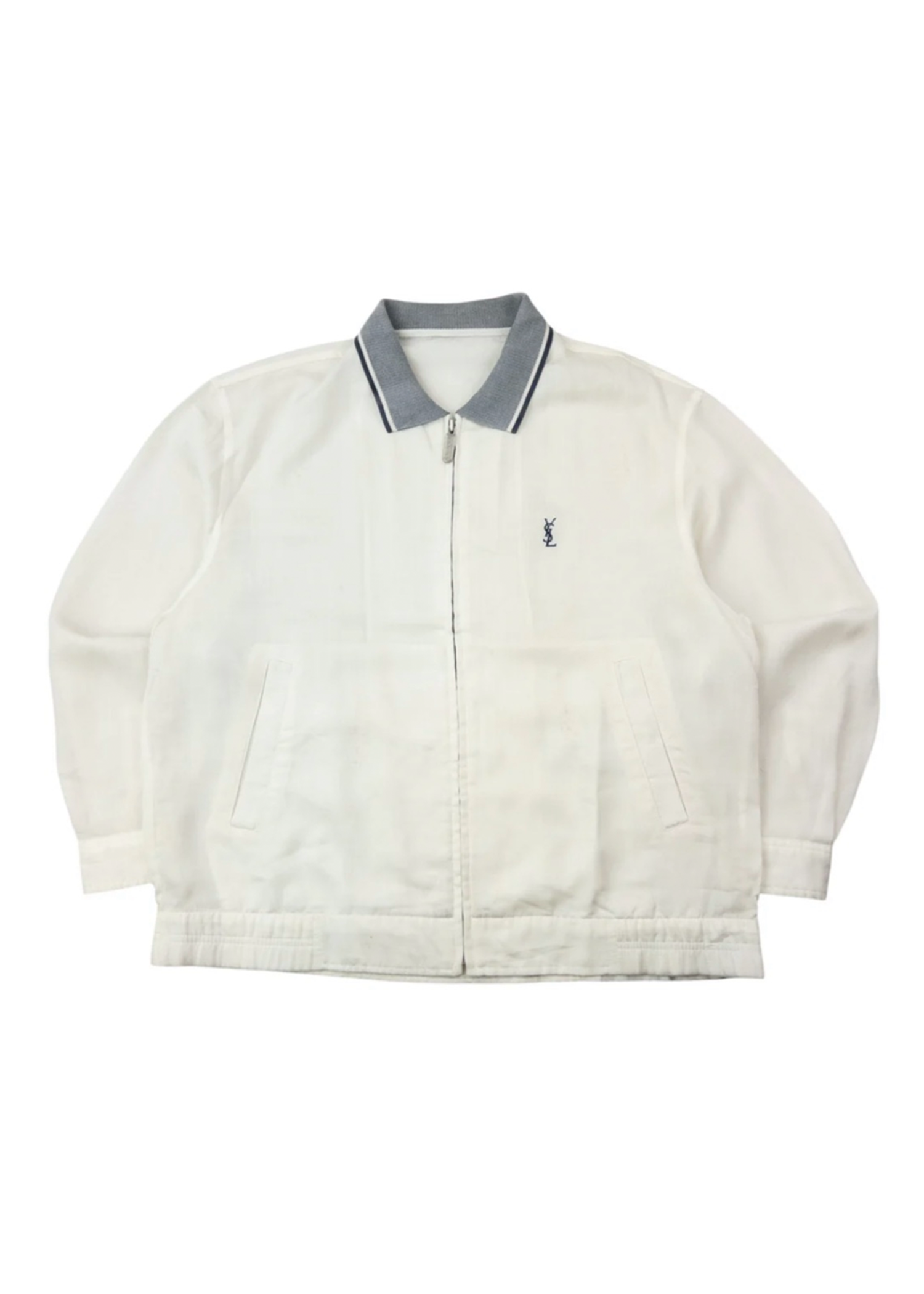 YSL White Bomber with Blue Collar