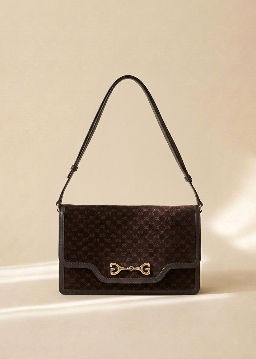 Gucci Brown Suede Leather Trimmed Crossbody