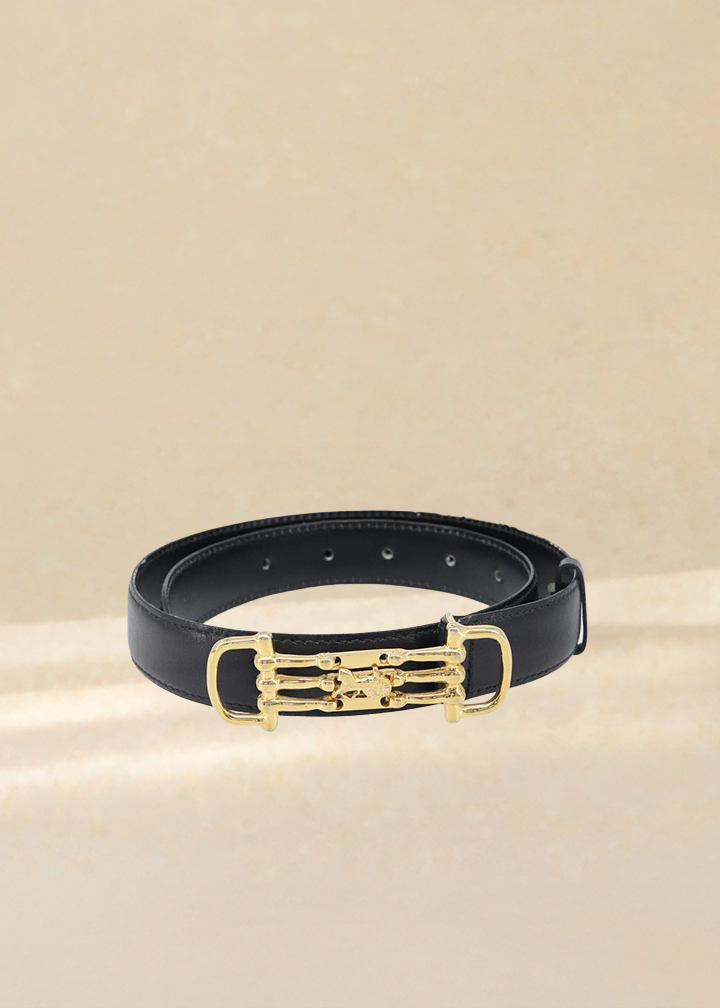 Celine Black Leather Belt with Gold Horsecarriage Details