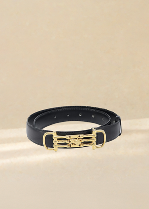 Celine Black Leather Belt with Gold Horsecarriage Details