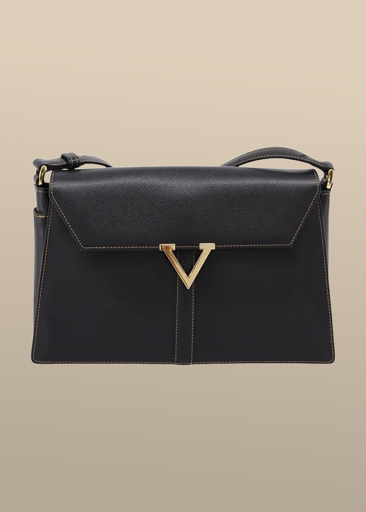 Valentino Contrast Stitched Black Leather Shoulder Bag