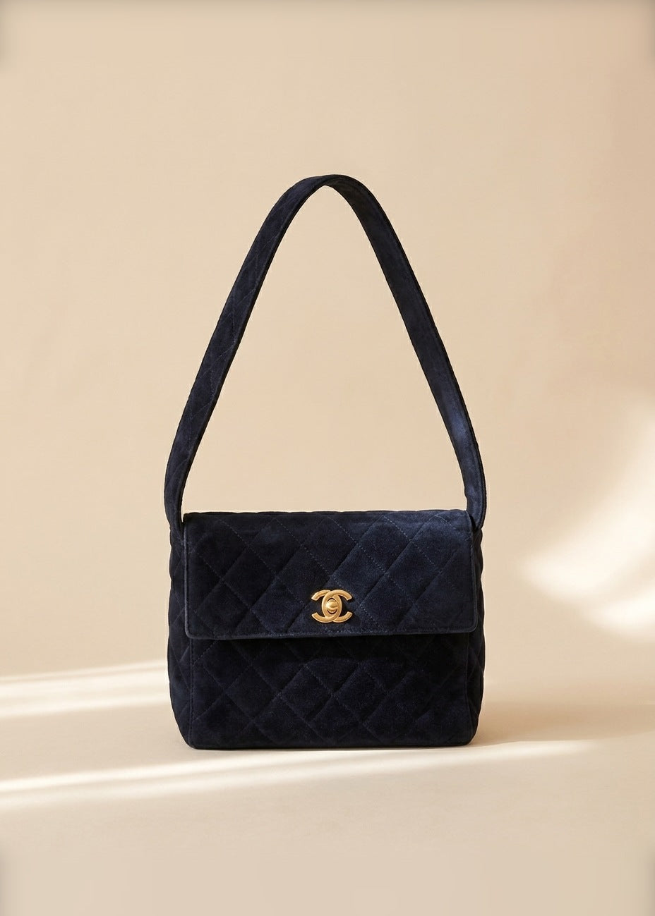 Chanel Navy Quilted Suede Shoulder Flap Bag cover