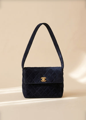Chanel Navy Quilted Suede Shoulder Flap Bag