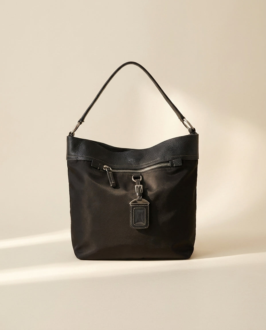 Prada Black Nylon and Leather Hobo Bag