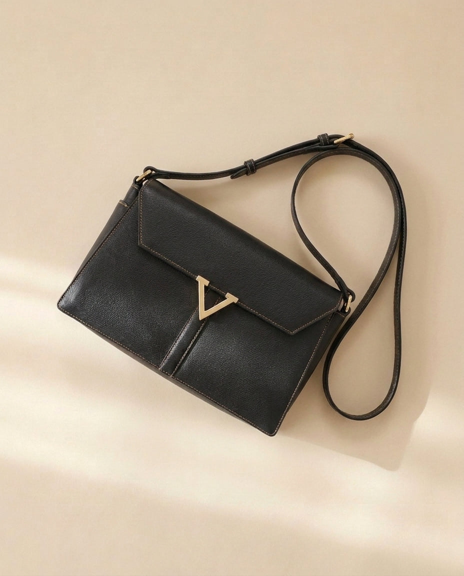 Valentino Contrast Stitched Black Leather Shoulder Bag