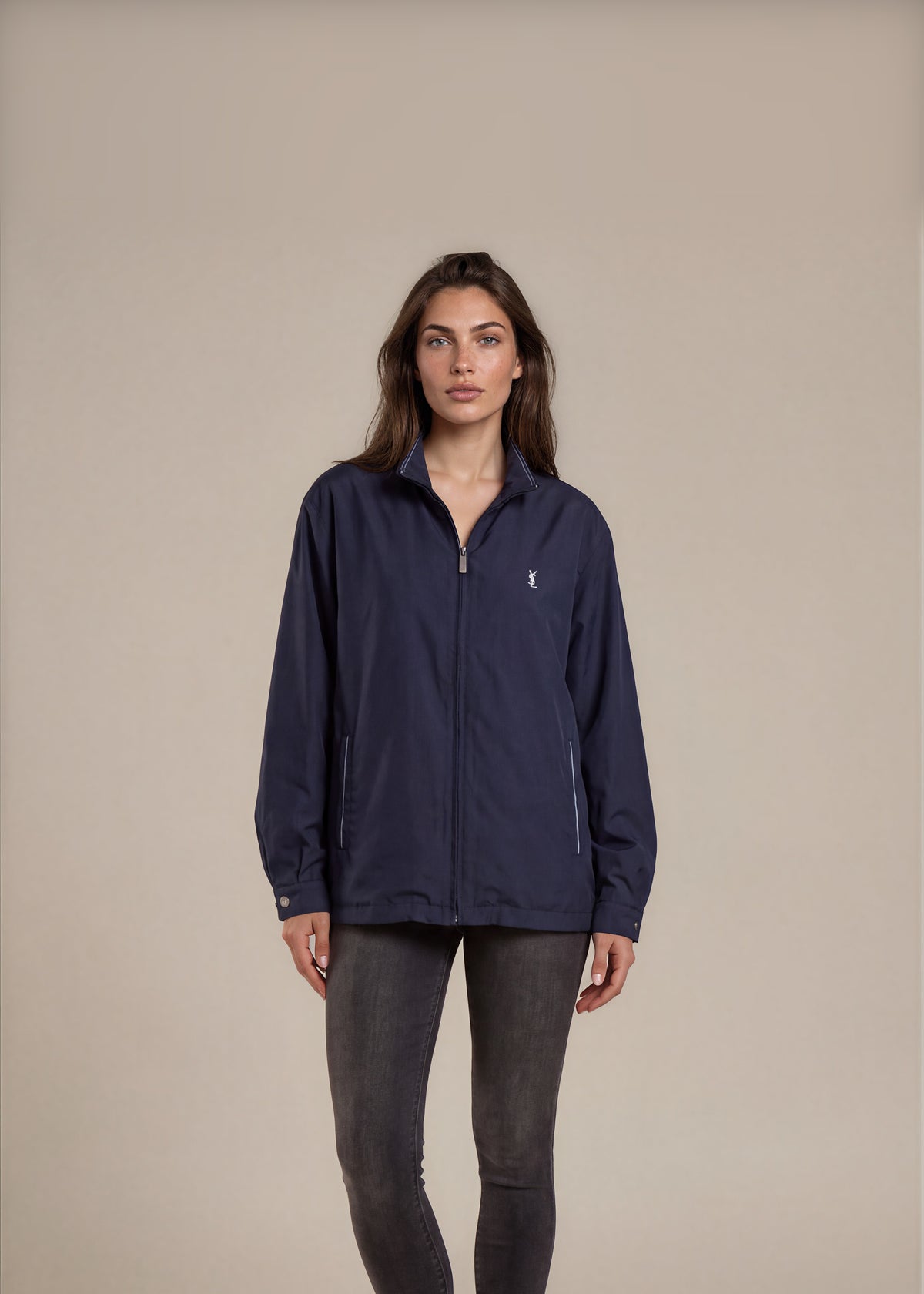 YSL Navy Striped-Collar Bomber Jacket front