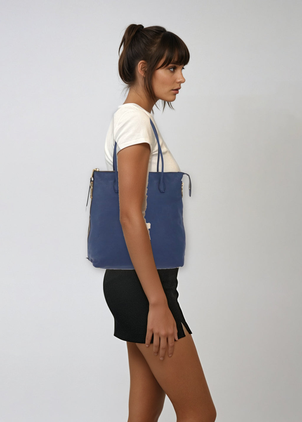 Miu Miu Blue Leather Tote on model