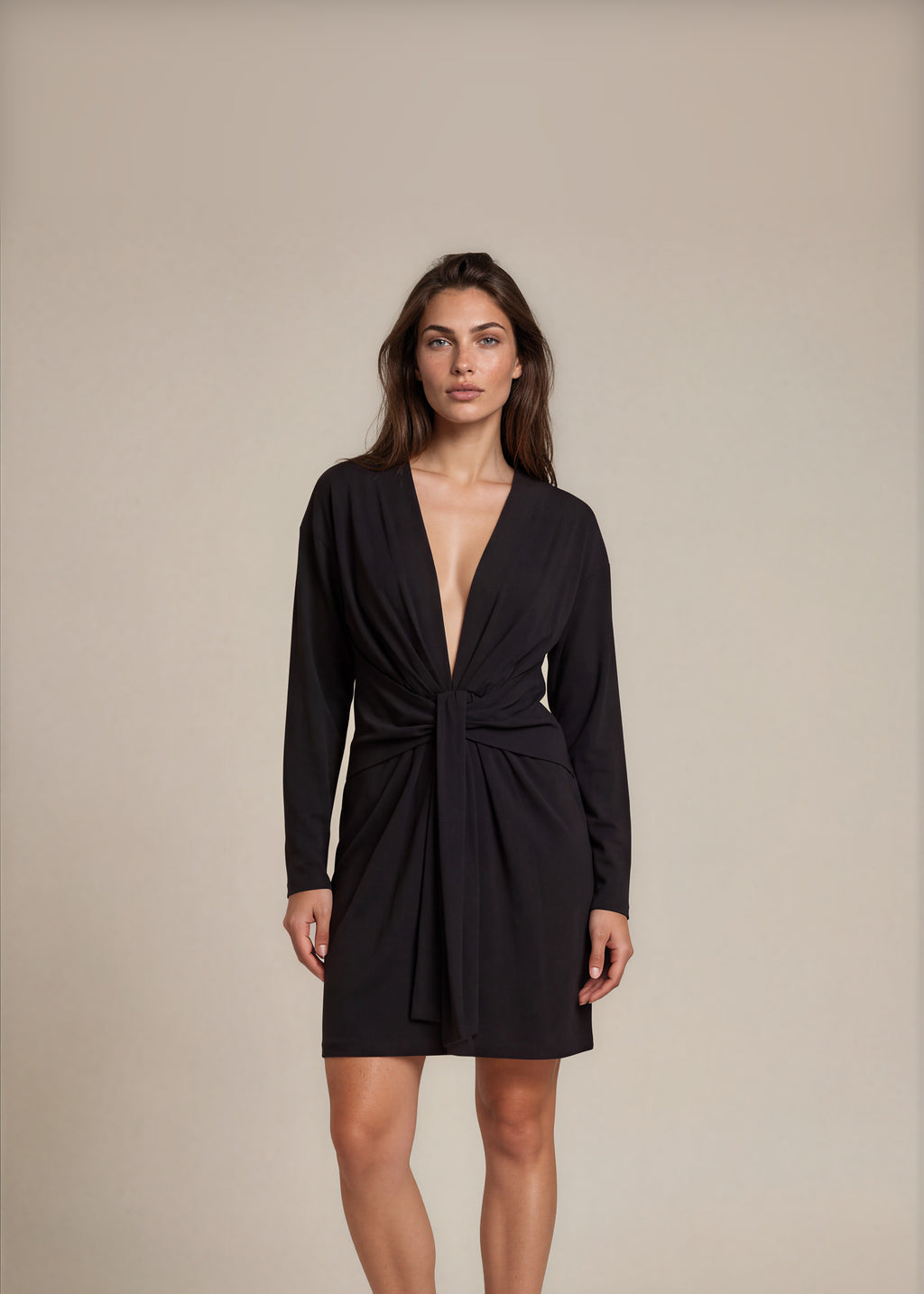YSL Black Long Sleeve V-Neck Dress front