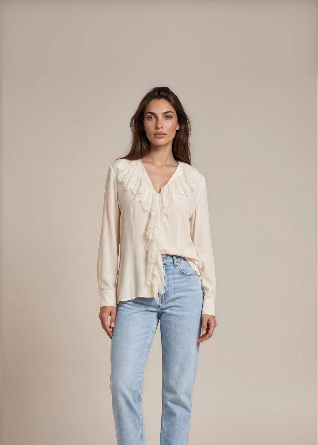 Escada Cream Lace Ruffle Blouse front