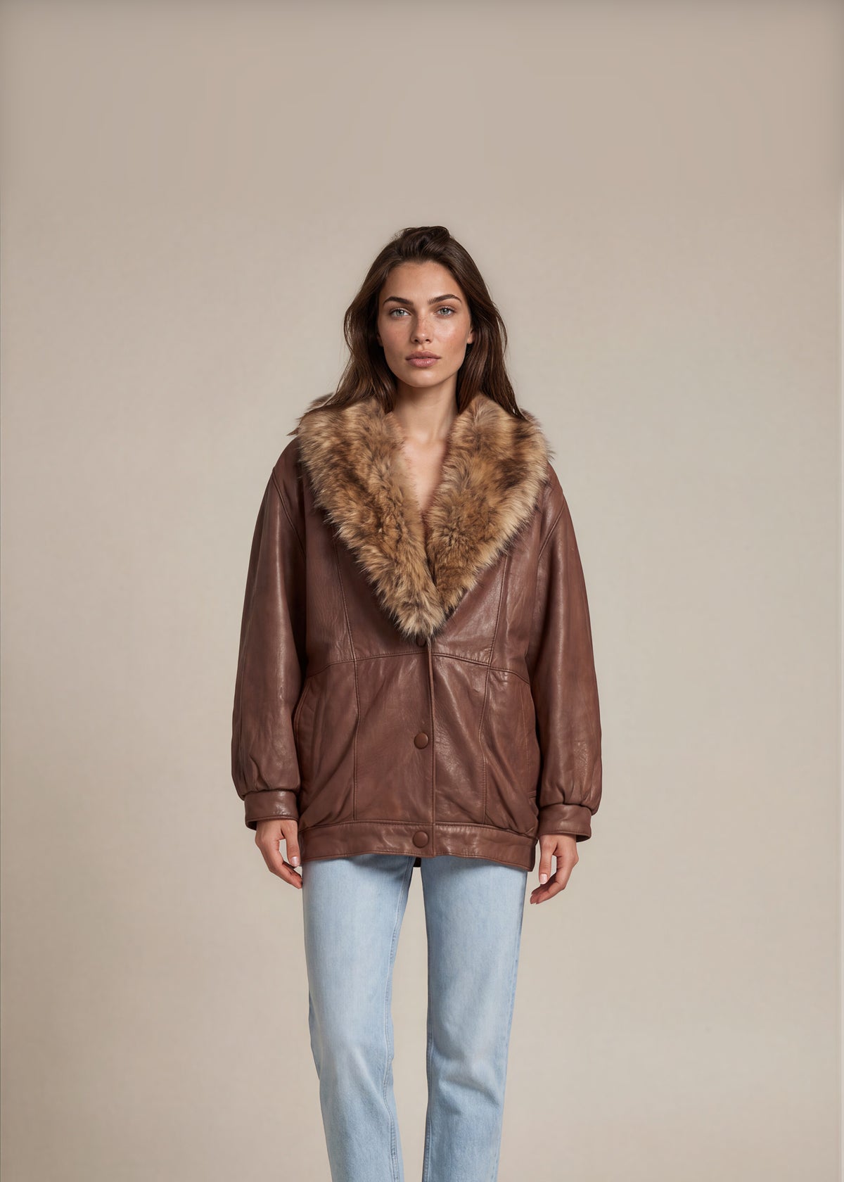 Marvin Richards Brown Leather and Fur Jacket front