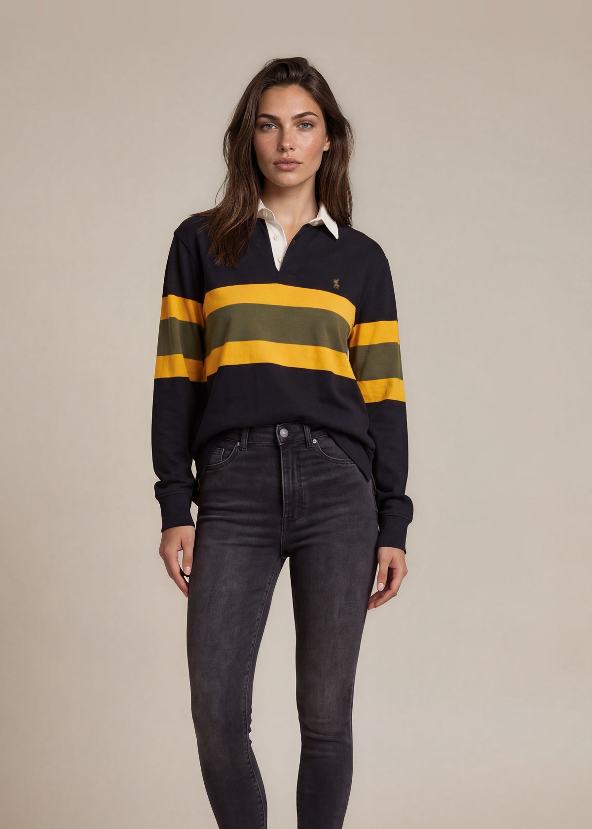 Ralph Lauren Black and Yellow Striped Rugby Polo front