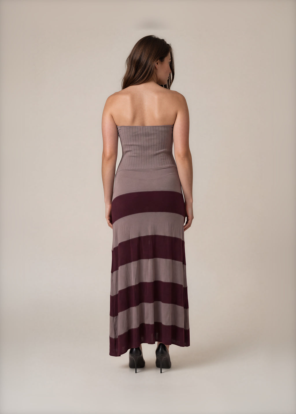 Yigal Azrouel Brown Striped Strapless Gown back