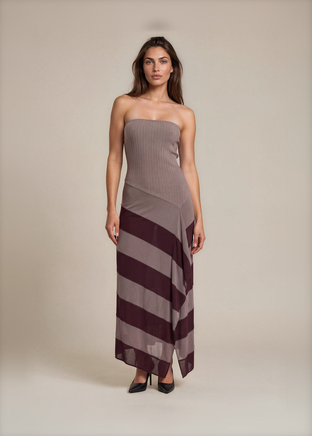 Yigal Azrouel Brown Striped Strapless Gown front