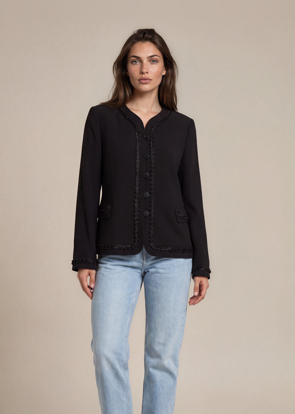Armani Black Collarless Wool Blazer front