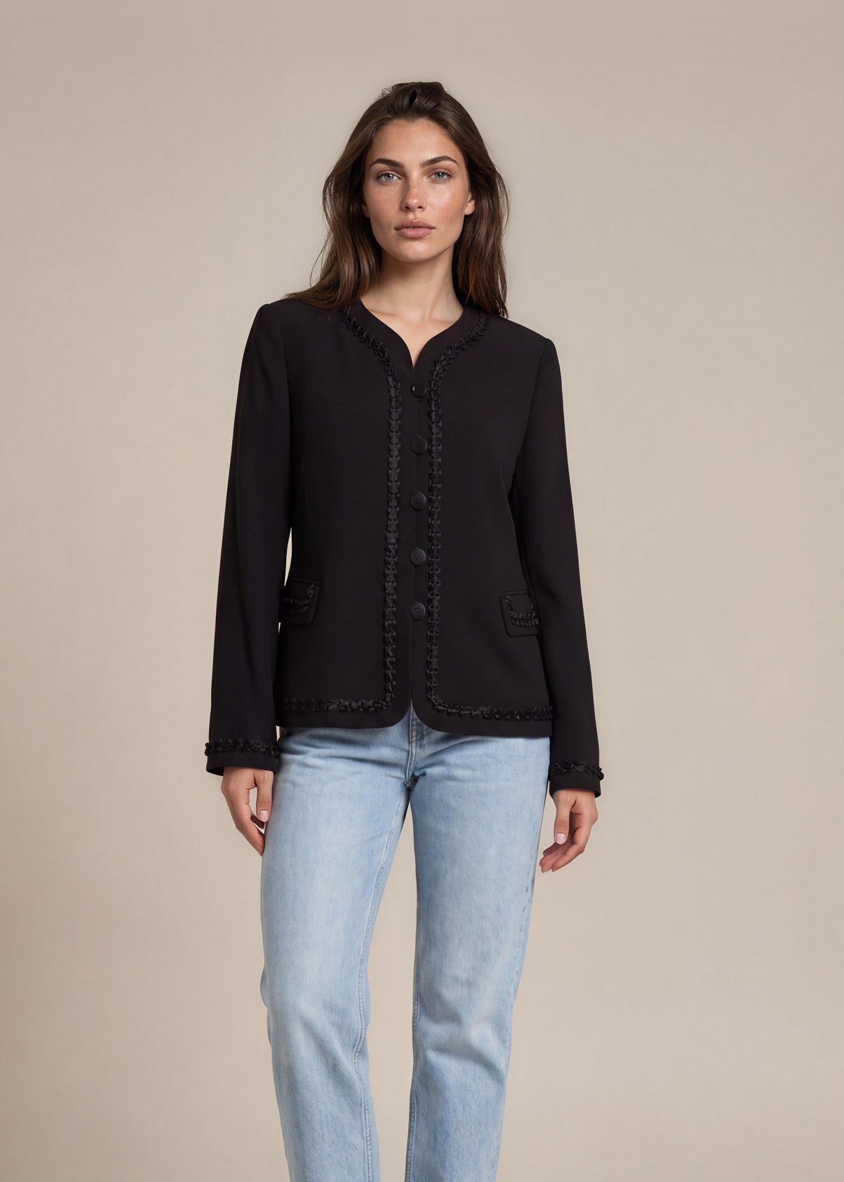 Armani Black Collarless Wool Blazer front