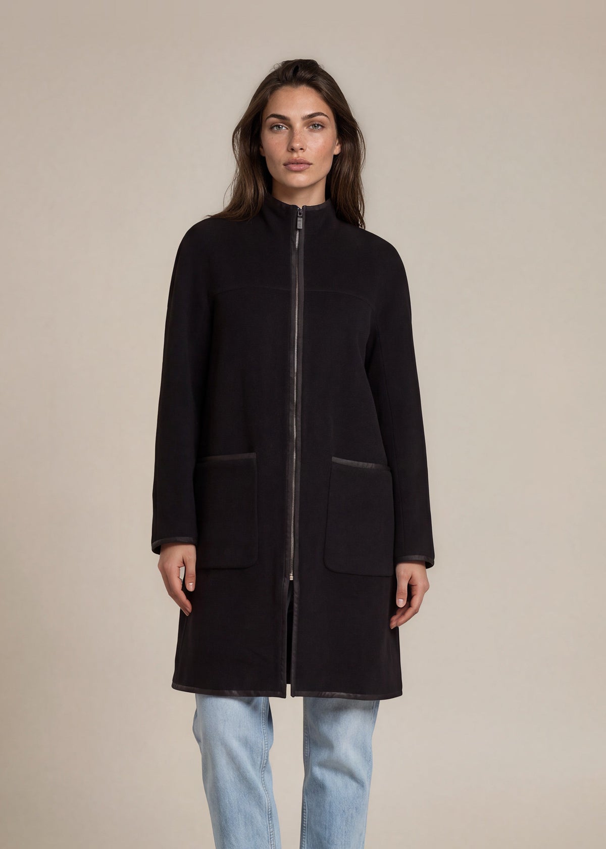 Escada Black Zip Front Long Coat front