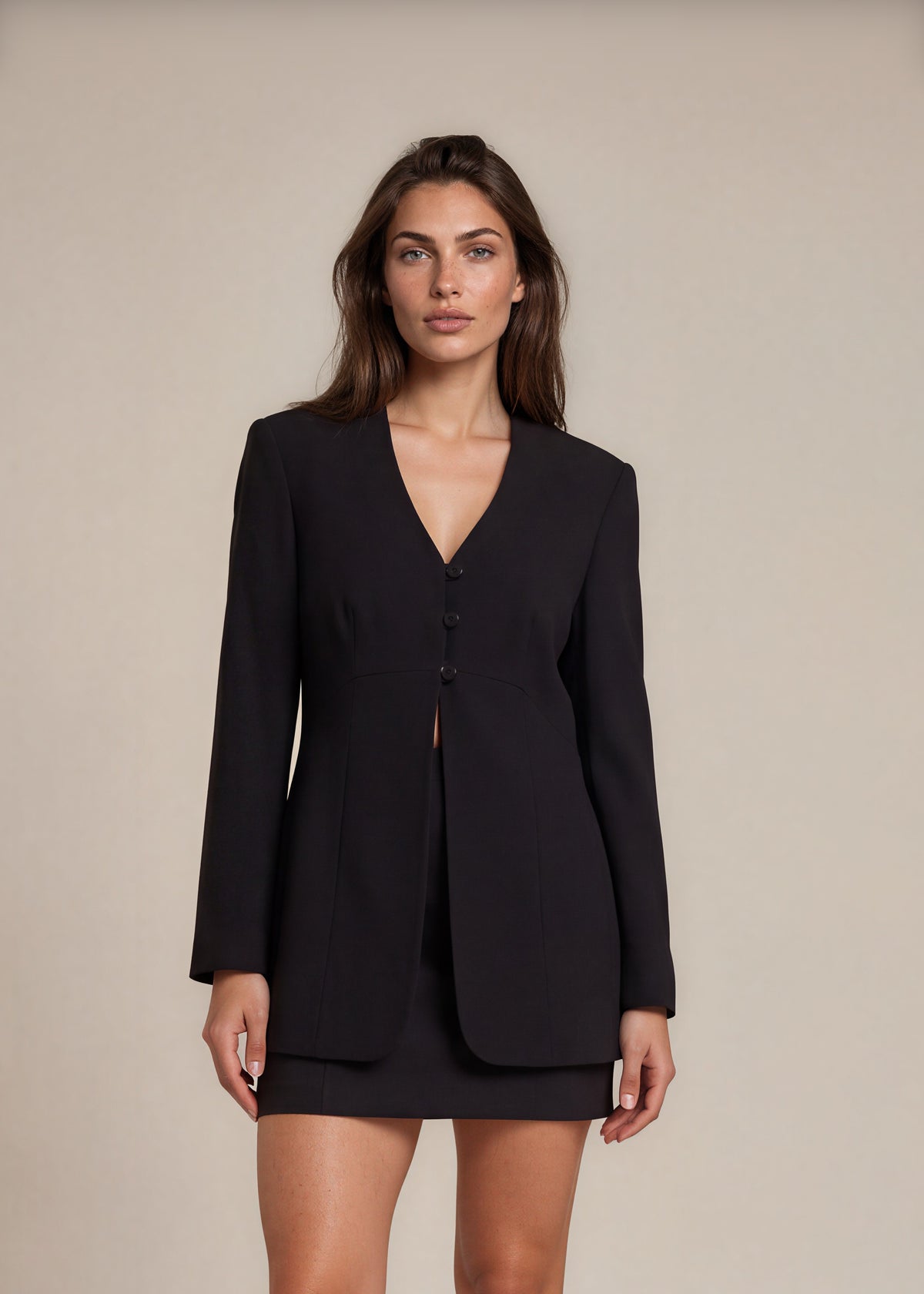 Giorgio Armani Navy Collarless Wool Blazer front