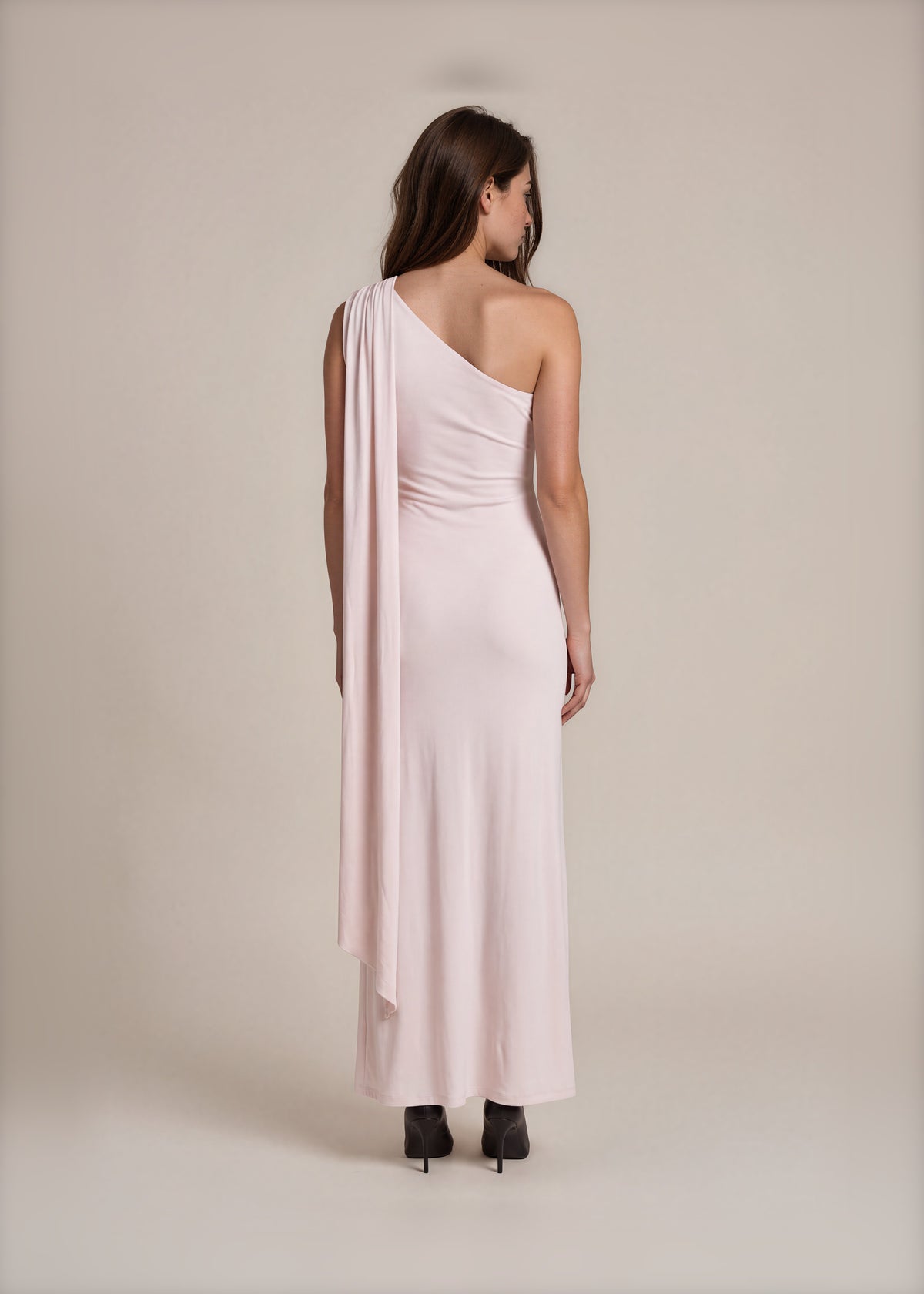 KaufmanFranco Pale Pink One Shoulder Gown back