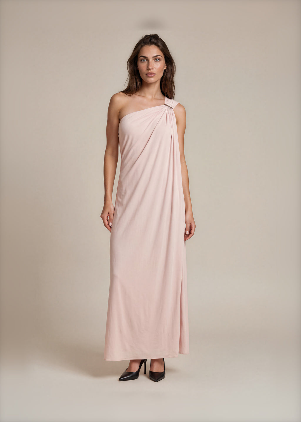KaufmanFranco Pale Pink One Shoulder Gown front