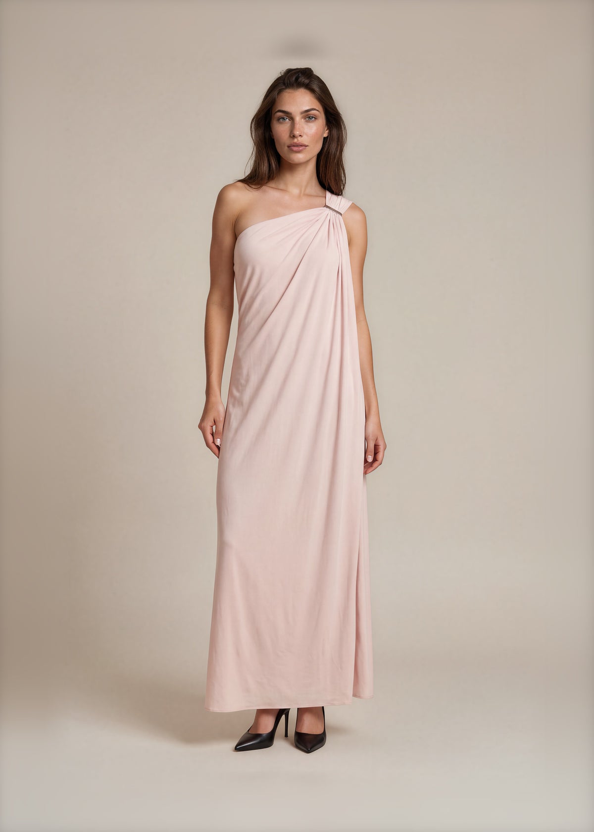KaufmanFranco Pale Pink One Shoulder Gown front