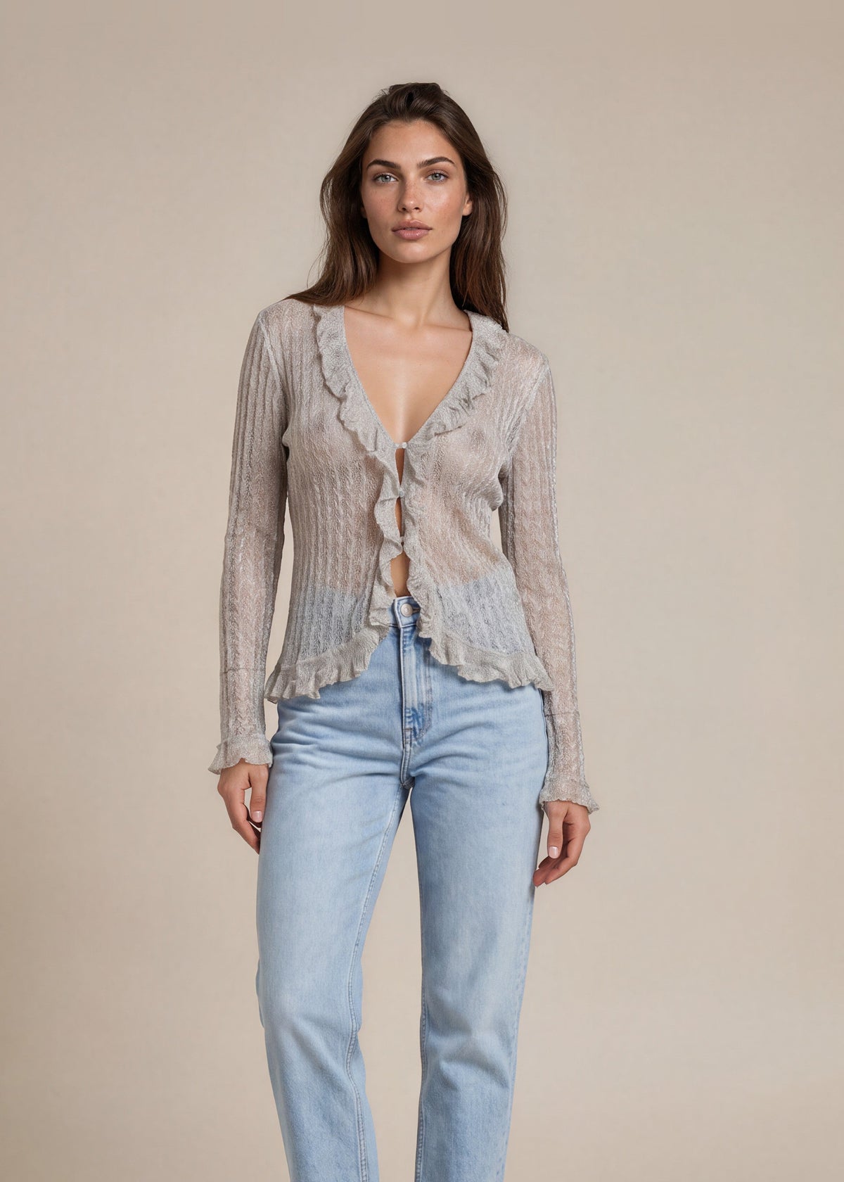 Ralph Lauren Silver Ruffle Collar Top front