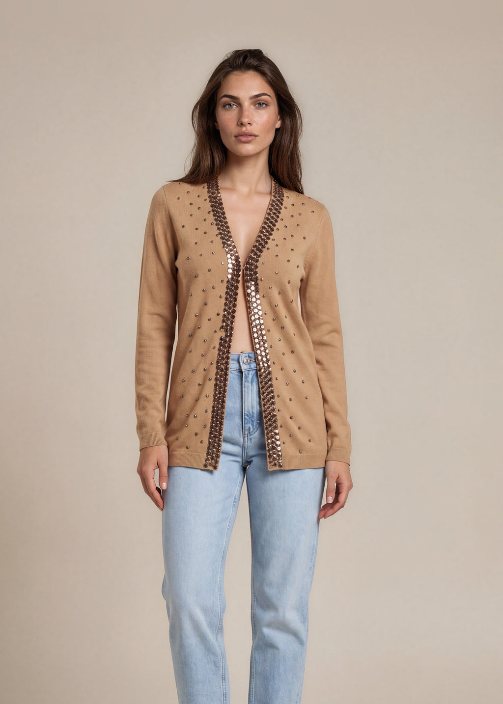 Valentino Camel Crystal Cardigan front