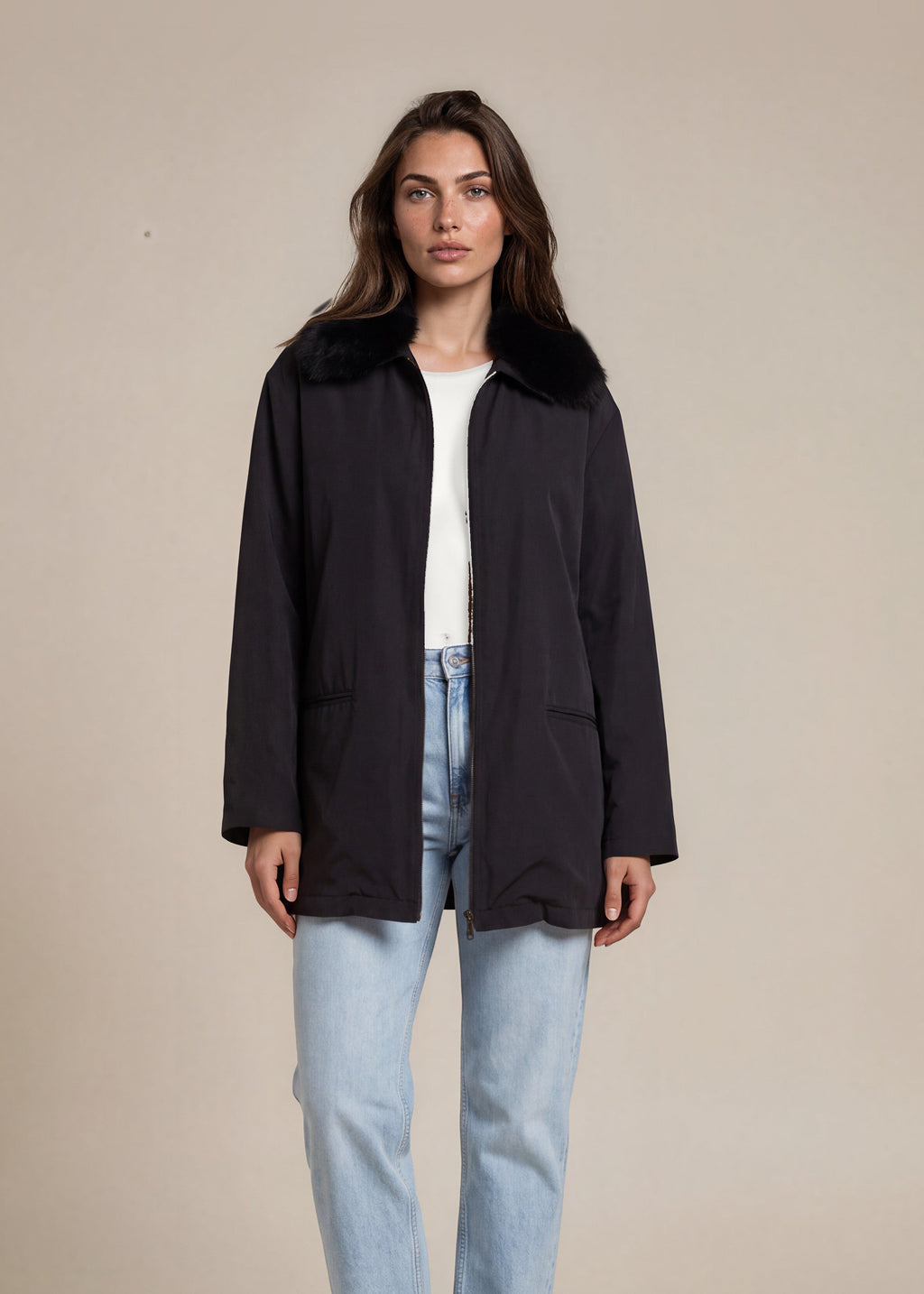 Marvin Richards Black Fur Collar Coat front