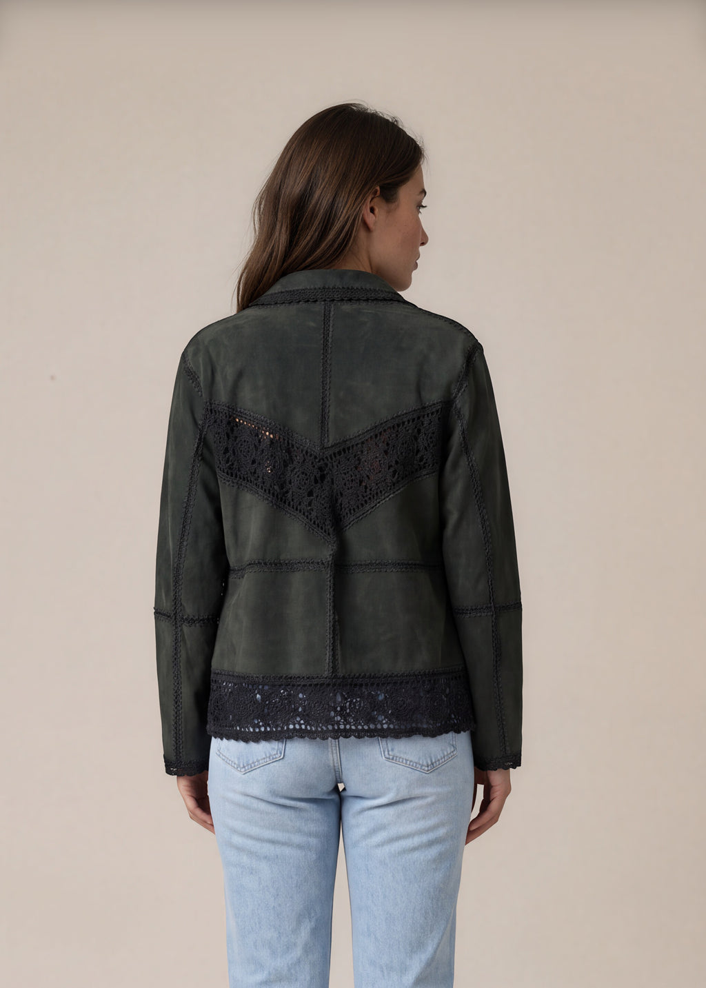 Green Suede Crochet Patchwork Jacket back