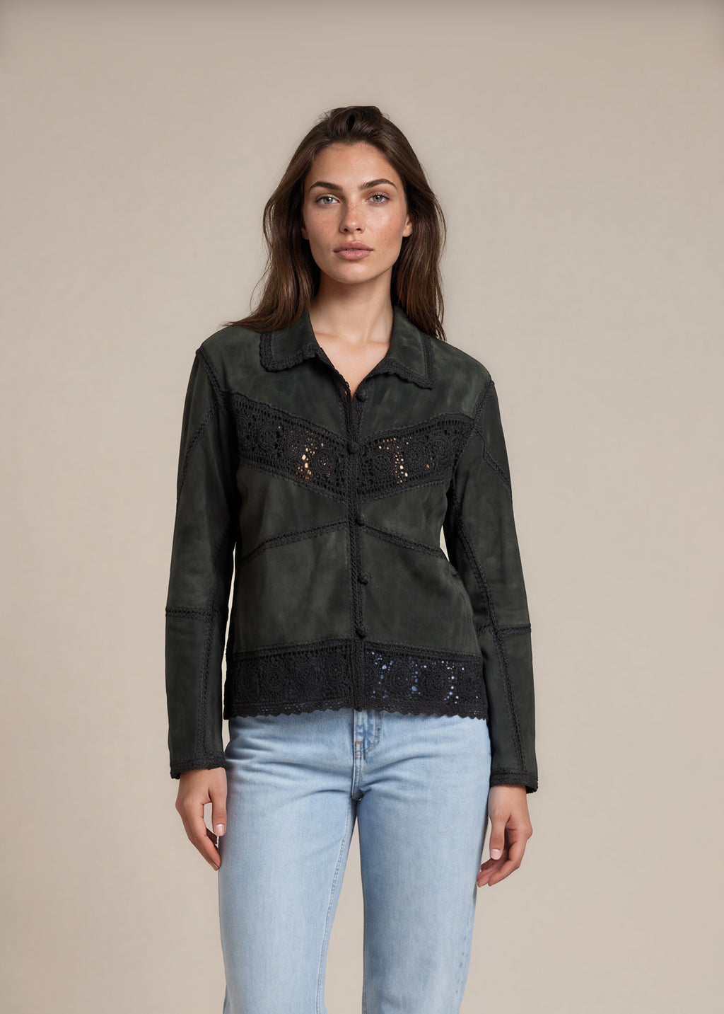 Green Suede Crochet Patchwork Jacket front