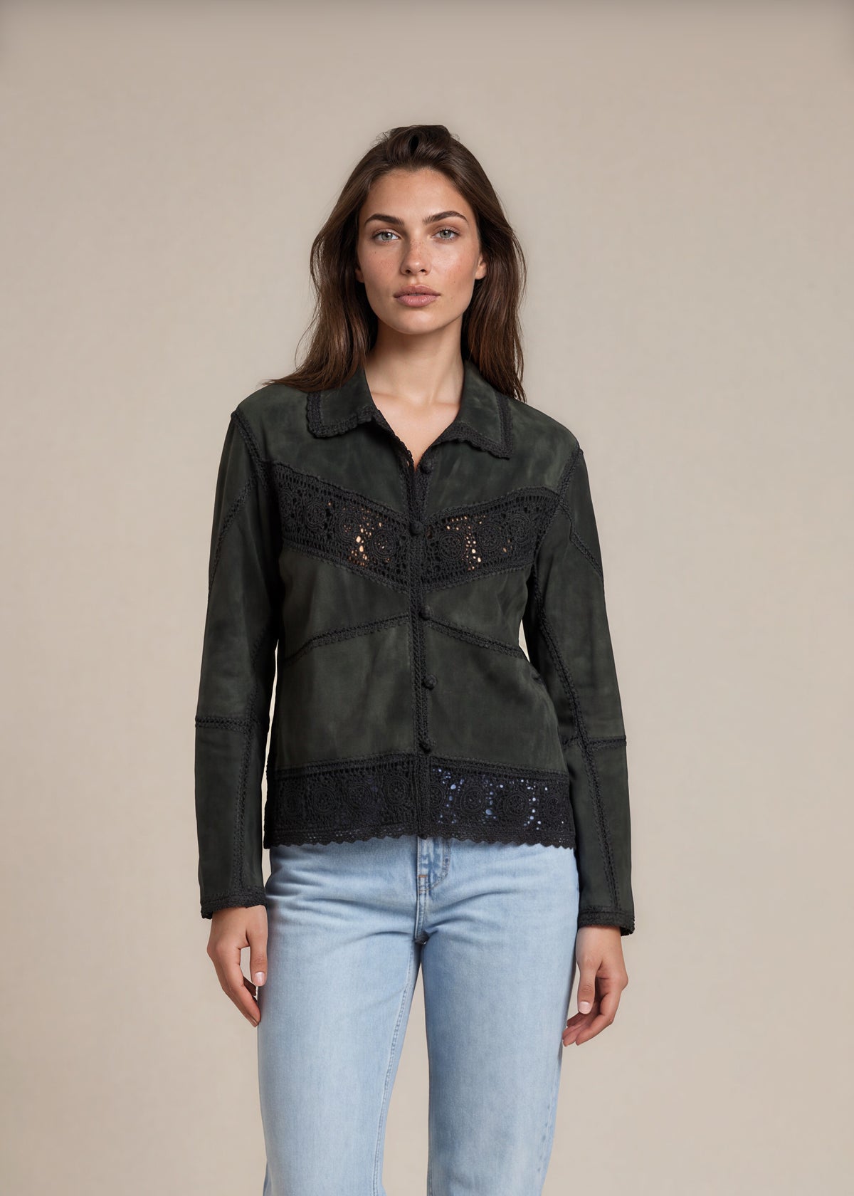 Green Suede Crochet Patchwork Jacket front