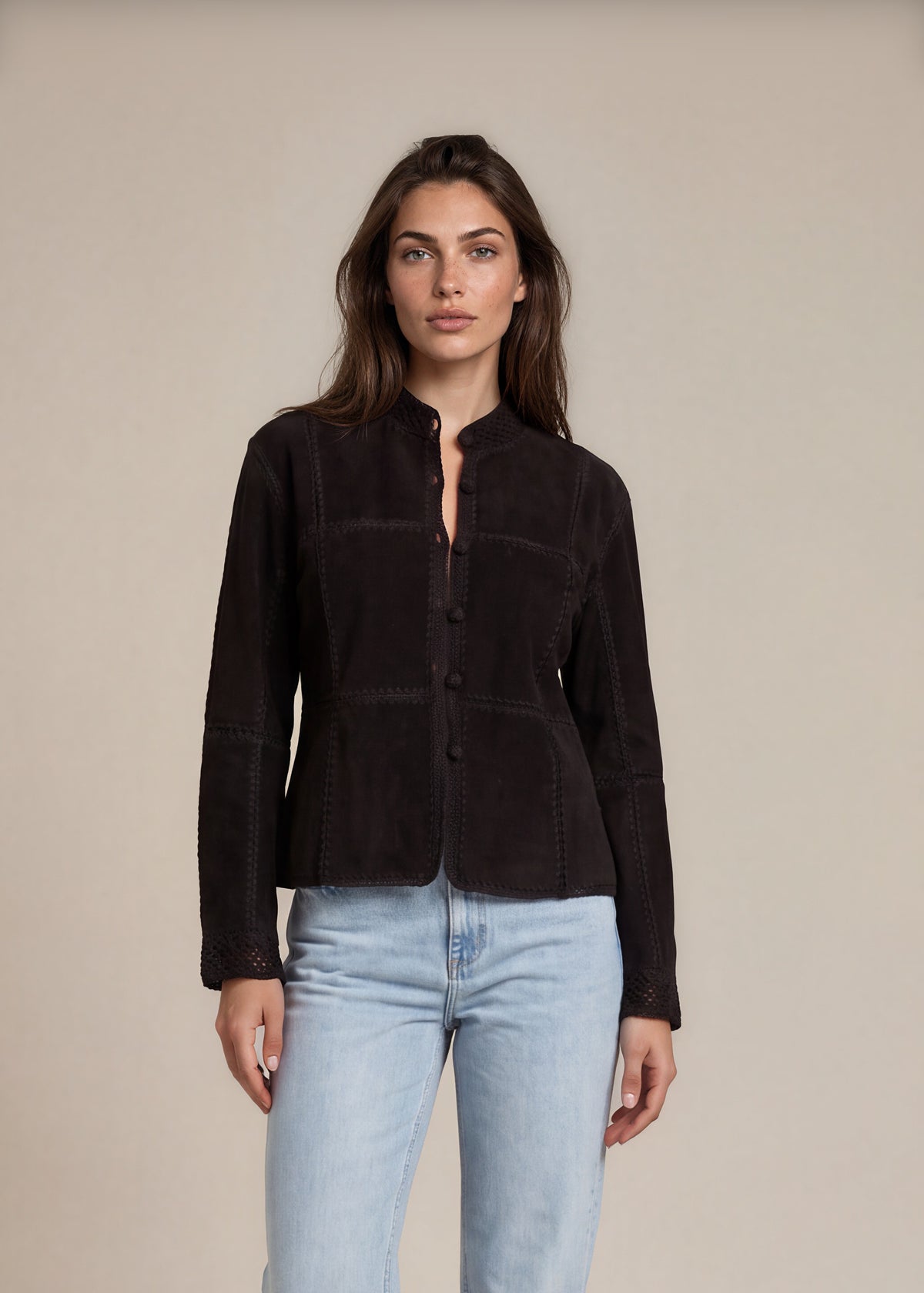 Black Suede Crochet Trim Jacket front