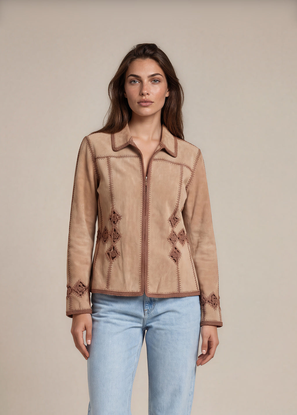 Tan Suede Crochet Trim Jacket front
