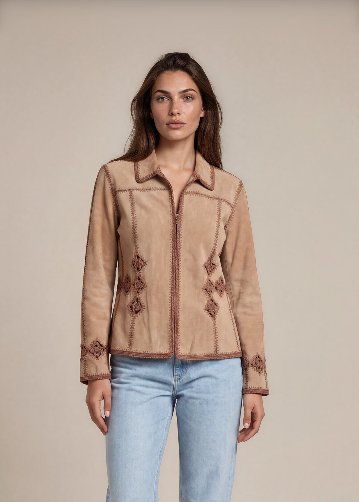 Tan Suede Crochet Trim Jacket front