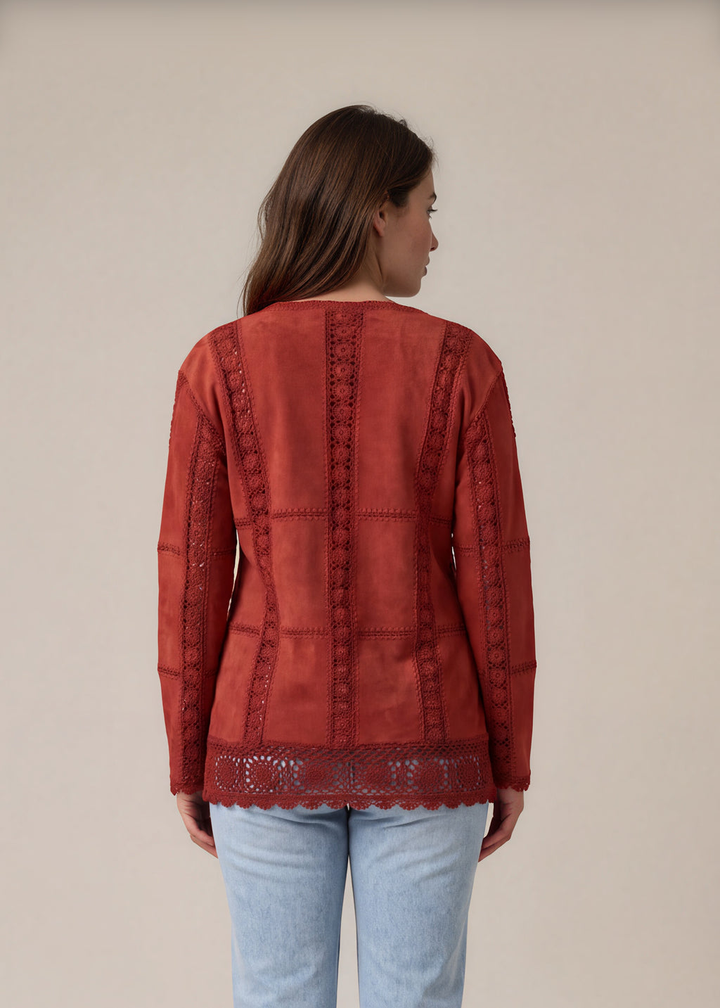Red Suede Crochet Patchwork Jacket back