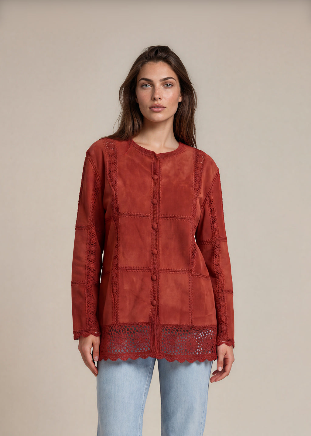 Red Suede Crochet Patchwork Jacket front