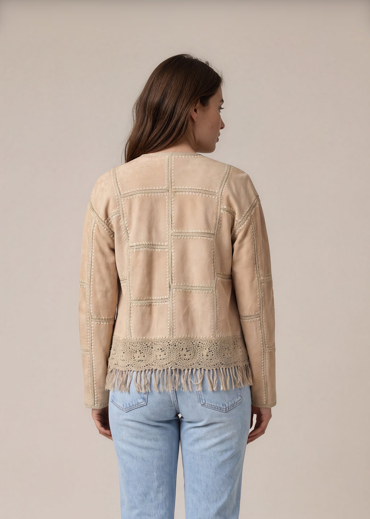 Beige Suede Crochet Fringe Jacket back