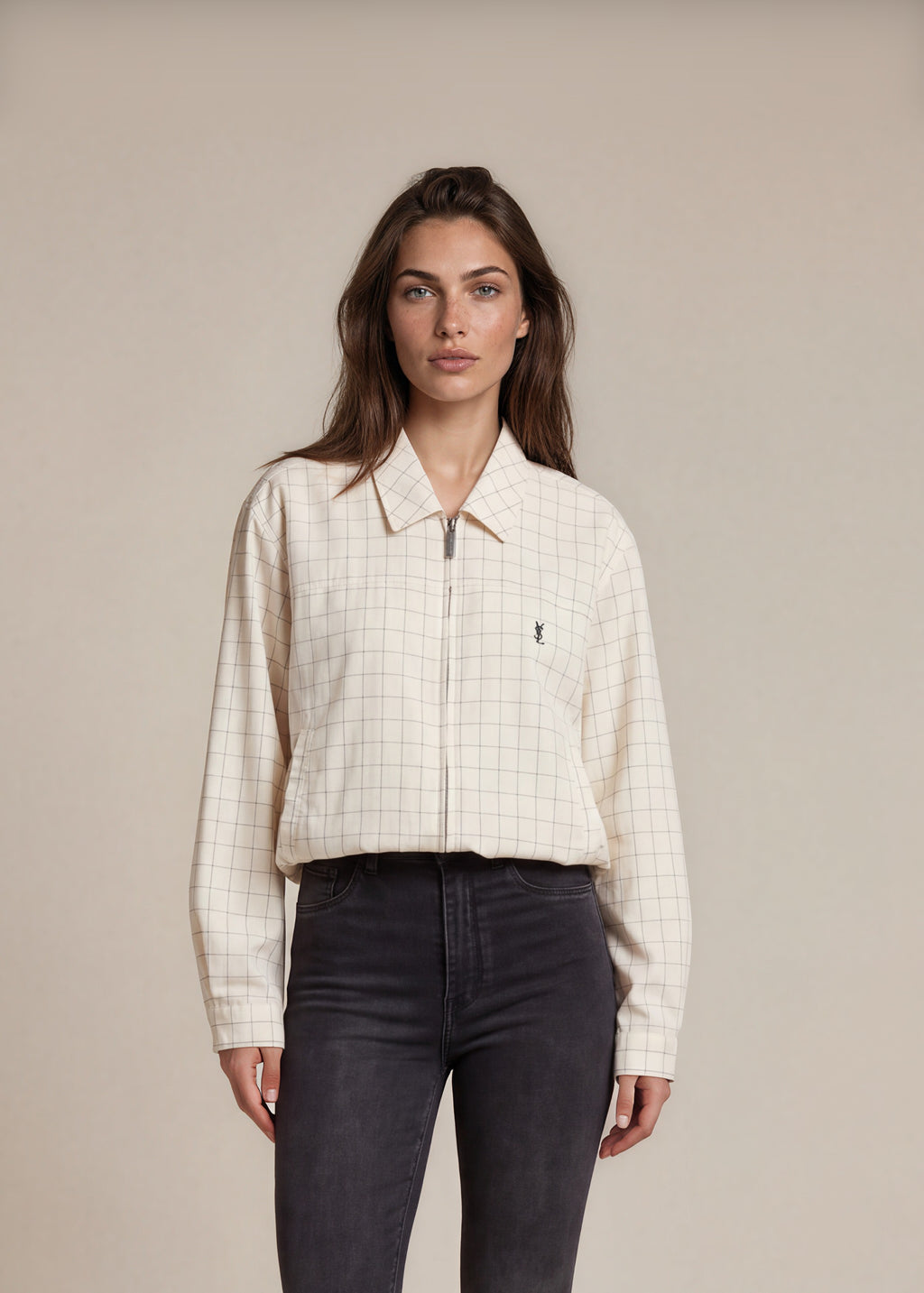 YSL Cream Grid Check Harrington Jacket front