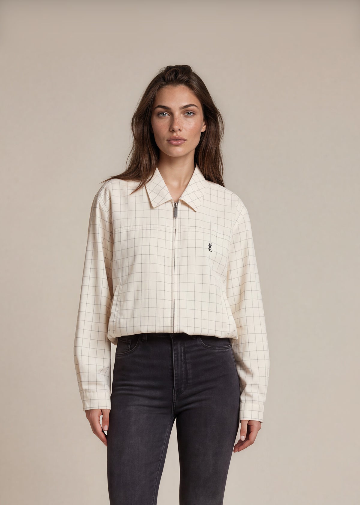 YSL Cream Grid Check Harrington Jacket front