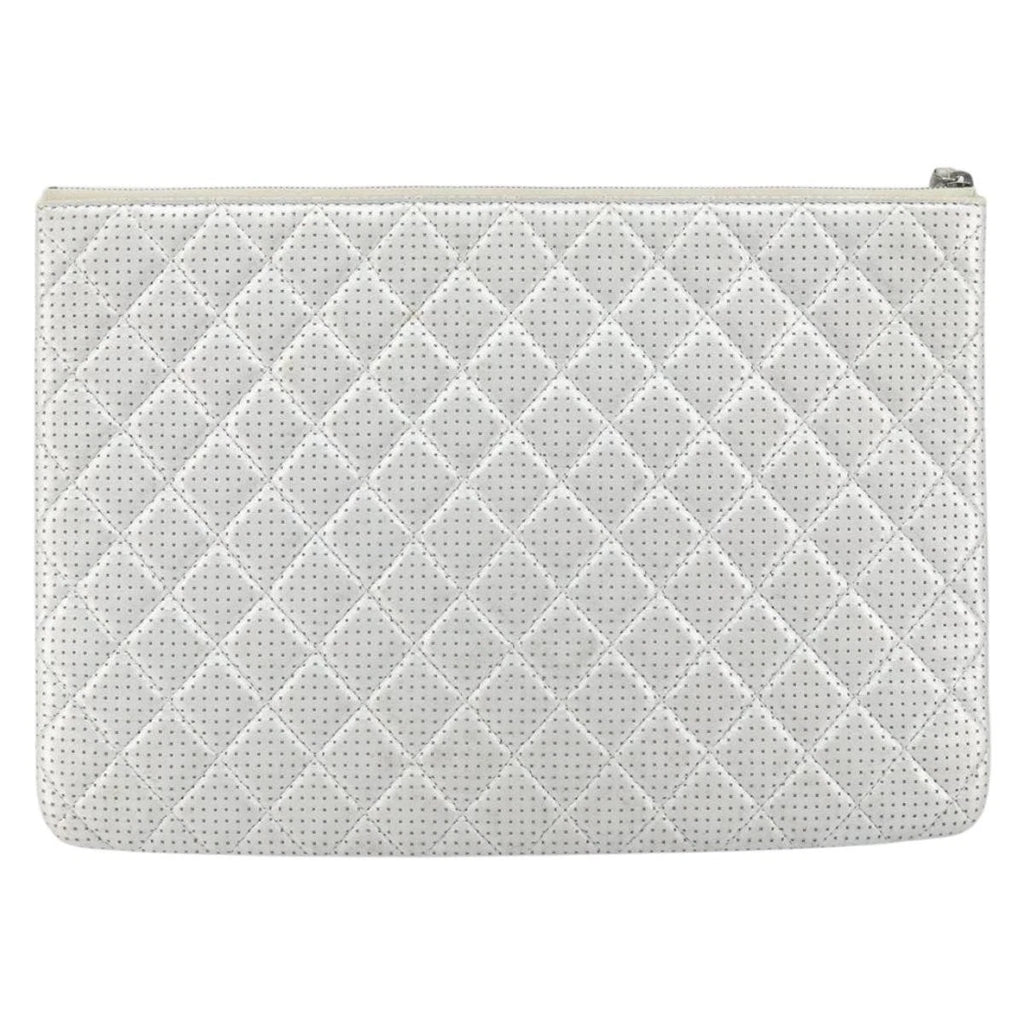 Chanel Silver Quilted Leather Clutch