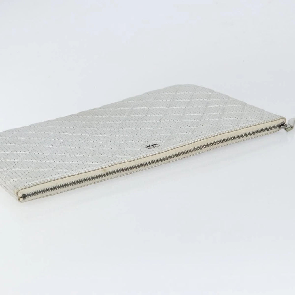 Chanel Silver Quilted Leather Clutch