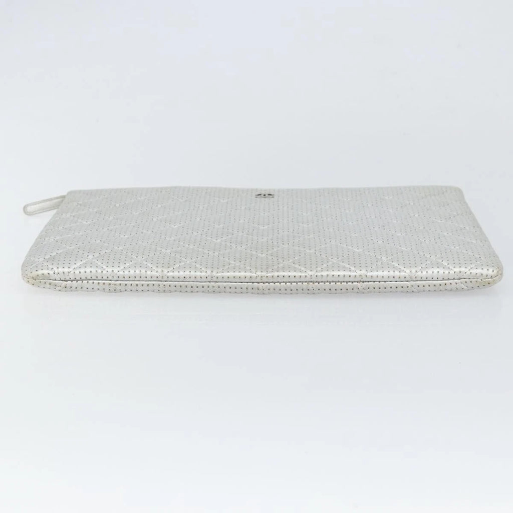 Chanel Silver Quilted Leather Clutch