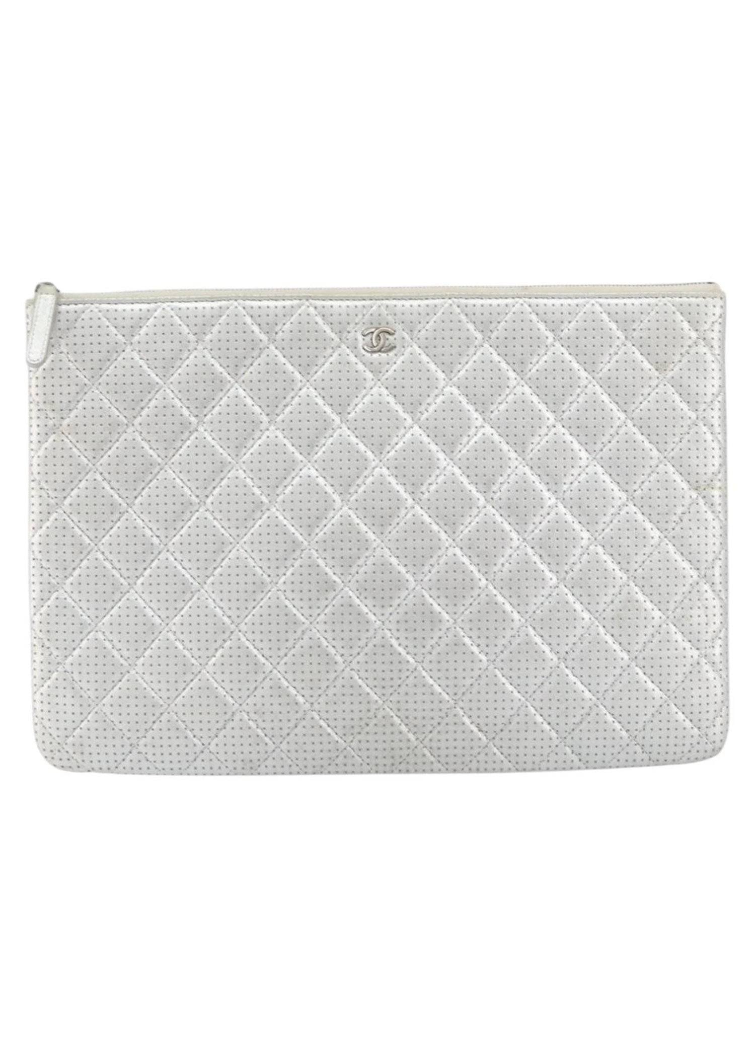 Chanel Silver Quilted Leather Clutch